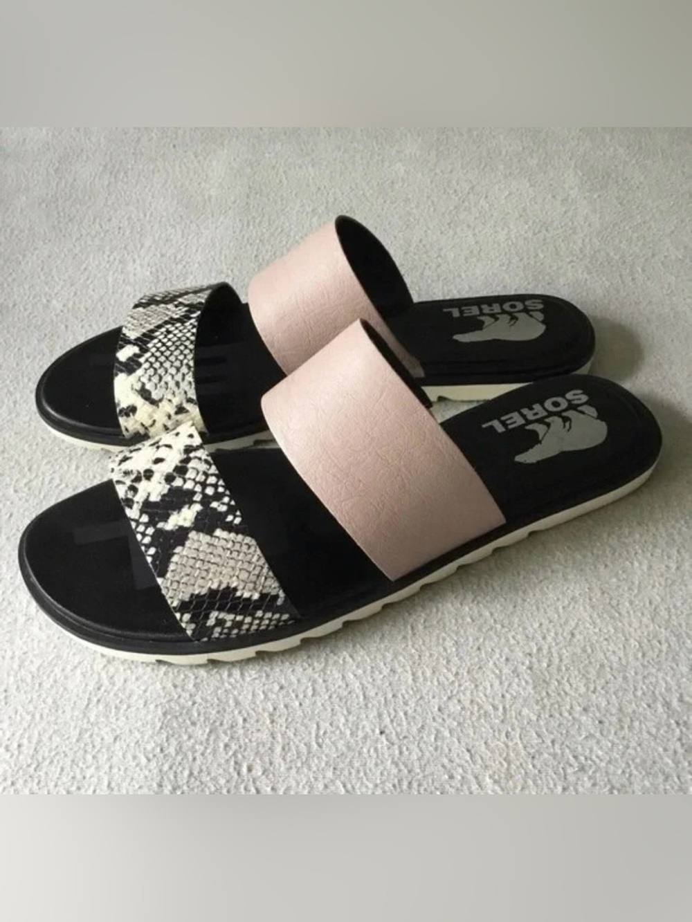 Sorel Two-Band Slide Sandals in Pink and Black Snake Print